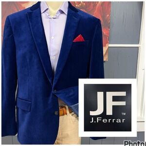 JF J. Ferrar Velvet Blazer Sport Coat Men 48R Modern Slim Fit Stretch Royal Blue